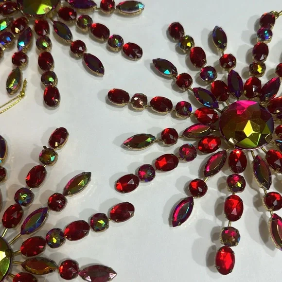 IRIDESCENT RED BEADED STARBURST ORNAMENTS SET OF 3 - Picture 3 of 4